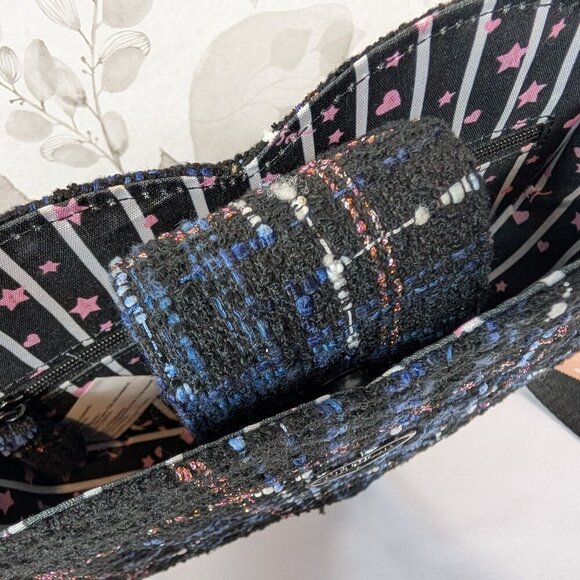 Betsey Johnson multicolor tweed plaid heart crossbody w guitar strap - Picture 4 of 7